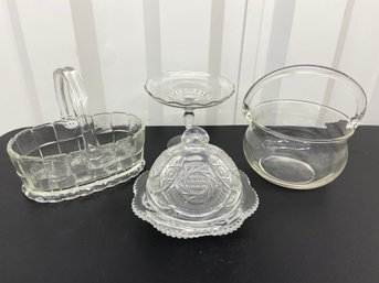 Clear Glass Collection: Covered Butter Dish, 2 Glass Baskets, Cake Stand No Chips