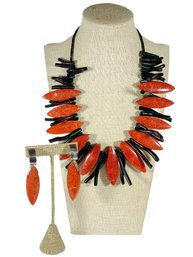 Black Coral And Stone Beaded Dramatic Necklace And Clip Earrings