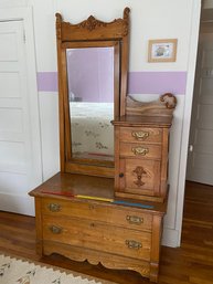 Beautiful Antique Oak Hatbox Dresser 43x20.5x81 Tilt Beveled Mirror Ornate Carvings And Dovetail Drawers