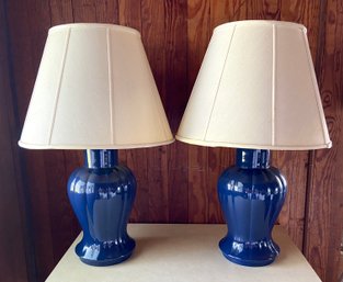 Pair Of Mid Century Cobalt Blue Fluted Ceramic Lamps (One Of Two Pairs)