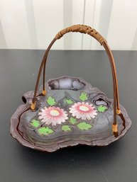 Vintage Brown Small Ceramic Serving Plate With Wood Handle Floral Design 8x7.25x6 No Chips