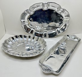 3 Silver Tone Hand Made Platters, Mexico