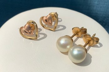 2 Pair 14K Stud Earrings ~ Pearls & Hearts ~