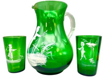 Deep Green, Antique Mary Gregory Hand Decorated Pitcher And Two Cups.