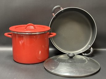Rachael Ray Red Enamel Stock Pot & Farberware Red Non-Stick Rondeau Pan