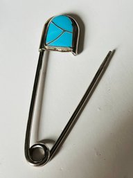 VINTAGE SIGNED C LEE SILVER TURQUOISE SAFTEY PIN BROOCH