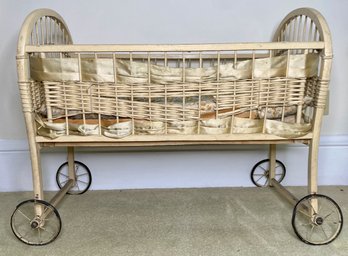 Antique Wicker And Wood Baby Bassinet On Wheels