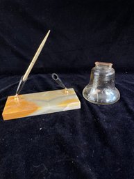 Marble Pen Holder And Glass Bell Bank