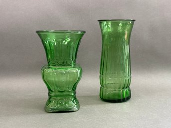 A Beautiful Pair Of Vintage Florist Vases In Green Glass