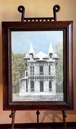 Pastel Architectural Portrait Of Victorian Home With Beautiful Wooden Antique Frame