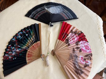 Trio Of Hand-Painted Asian Fans, One Silk