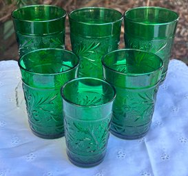 Vintage Lot Of 5 Anchor Hocking Forest Green Drinking Glasses And 1 Juice Glass No Issues