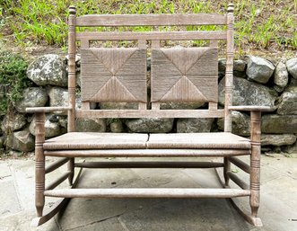 A Vintage Weathered Oak And Rush Seated Bench Rocker - Lovely For The Front Porch!