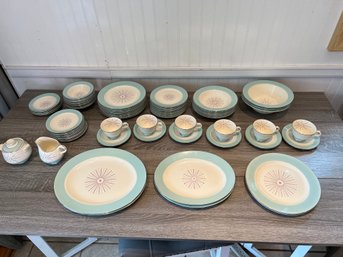 Mid Century Homer Laughlin Brittany Rhythm Pink Black Starburst 70 Piece China Set