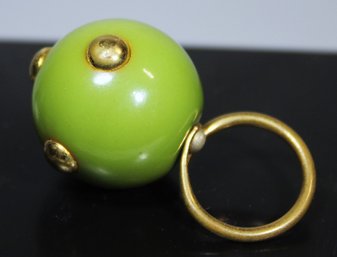 Vintage 1960s Olive Green Plastic Sphere Ring Having Gilt Brass Studs Size 5.75