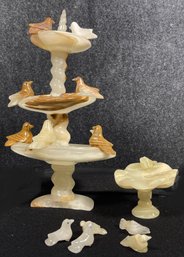 Pair Of Vintage Marble Hand Carved Bird Baths And Birds- Three Tiered And Small Single