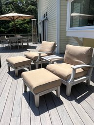 PAIR Glouster Teak Club Chairs, Ottomans & Side Table