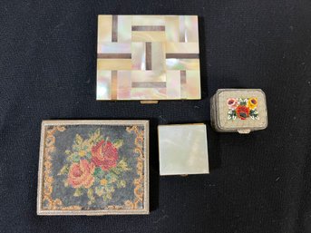 4pc Lot Vintage Compacts And Miniature Boxes - Amazing Detail - Inlaid Abalone, Beading