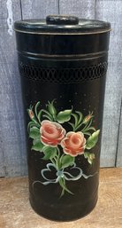 Vintage Toleware Floral Hand-painted Metal Garbage Can