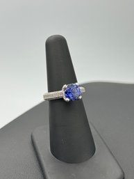 Magnificent Solitaire Dark Blue Sapphire In Sterling Silver