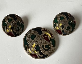 SIGNED SOLD'OR MIRACLE ENAMEL CELTIC EARRINGS AND BROOCH SET