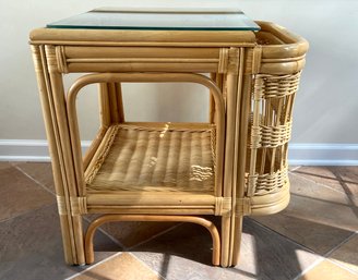 Glass Topped Wicker Side Table With Magazine Holder