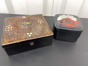 2 Decortive Jewelry Trinket Boxes Hand Painted Wood 8x7x3 And Lacquerware 5.25x5.25x3.5