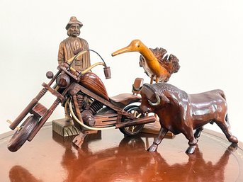 Vintage Wood Sculpture - Bird, Motorcycle, Male Figural