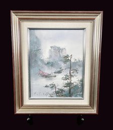 1970's Kee Fung Expressionist Oil Painting-Junk Fishing Boat In The Fog