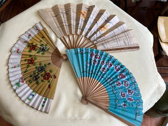 Trio Of Hand-Painted Asian Fans Including Double-sided Rice Paper Example