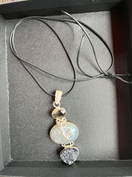 Interesting Artisan Inspired Tiered Gemstone / Geode Sterling Pendant Wrapped In Sterling Wire