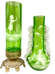 Pair Mary Gregory Unique Hand Decorated Green Glass Bud Vases.