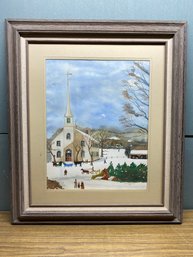 Wonderful Framed And Matted Original Watercolor Of Old Church On Sunday. Signed J C Robinson.