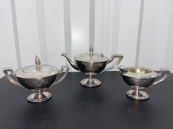 P&S Co Silverplated 3 Piece Tea Set Pot, Creamer And Sugar Bowl