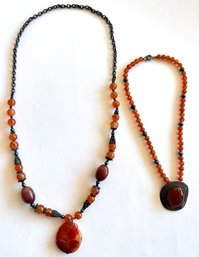 2 Vintage Amber Beaded Necklaces With Pendants: Sterling Silver & Carved Monkey