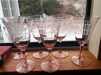 Set Of 6 Vintage Pink Depression Era Wine Glasses
