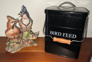 Lovely Bird Sculpture And Black Enamel Bird Feed Covered Box