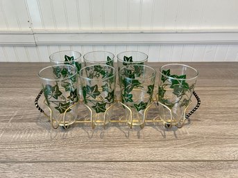 Set Of 7 Libbey English Ivy Glasses With Wire Holder