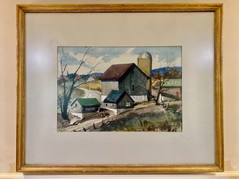 Watercolor Of A Farm With Barns & Silo, Signed Mally