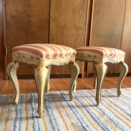 A Pair Of Italian Painted Wood Ottomans - Striped Silk Fabric
