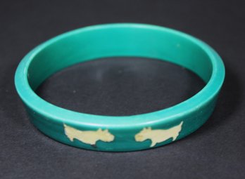 Vintage Teal Colored Plastic Bangle Bracelet Having White Scottie Dogs