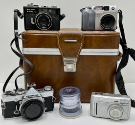 4 Cameras In Vintage Bag: 2 SLRs & 2 Digital By Ricoh, Olympus & Pentax & Kodak Zoom Lens