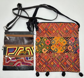 2 Handbags From Guatemala: Leather With Patchwork From Vintage Molas & Woven Shoulder Bag