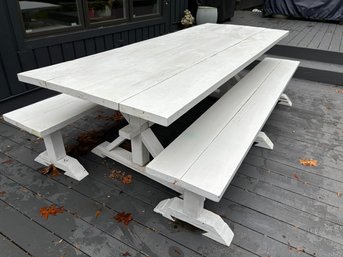 White Painted Farmhouse Table And Benches, Handmade In Pennsylvania