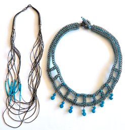 2 Vintage Beaded Necklaces: Sterling Silver With Turquoise & Choker