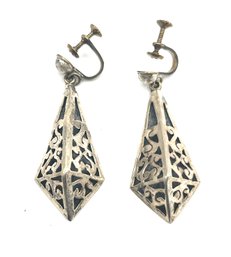 Vintage Mexican Sterling Silver 3D Long Ornate Screw Back Earrings