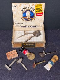 Antique Men's Hand Clippers, Razors And Shaving Supplies In A White Owl Cigar Box