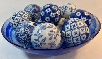 Beautiful Bowl Of 12 Blue And White Decorative Carpet Balls