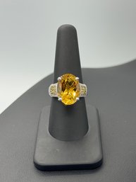 Amazing Large Citrine & Yellow Diamond Accent Ring In Sterling Silver