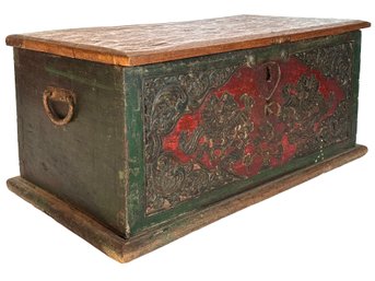 A Qing Dynasty Carved Wood Hand Painted Chest - Repaired Lid